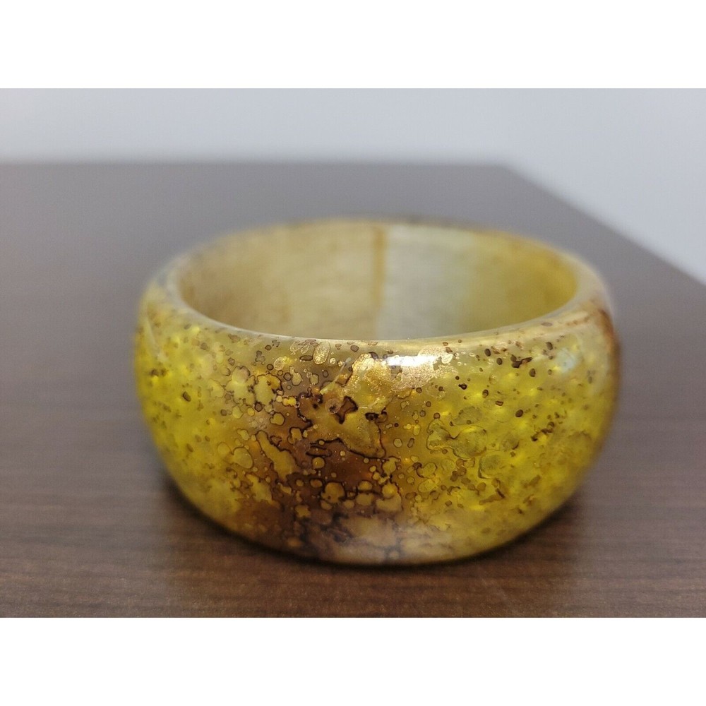Vintage Translucent Yellow Brown Gold Splatter Honeycomb Chunky Bangle Bracelet